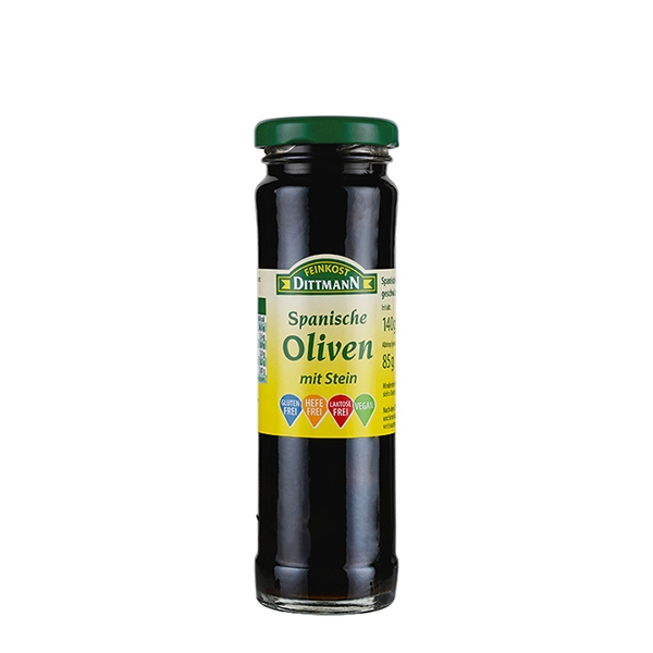 Feinkost Dittmann Spanische Oliven schwarz mit Stein 85g