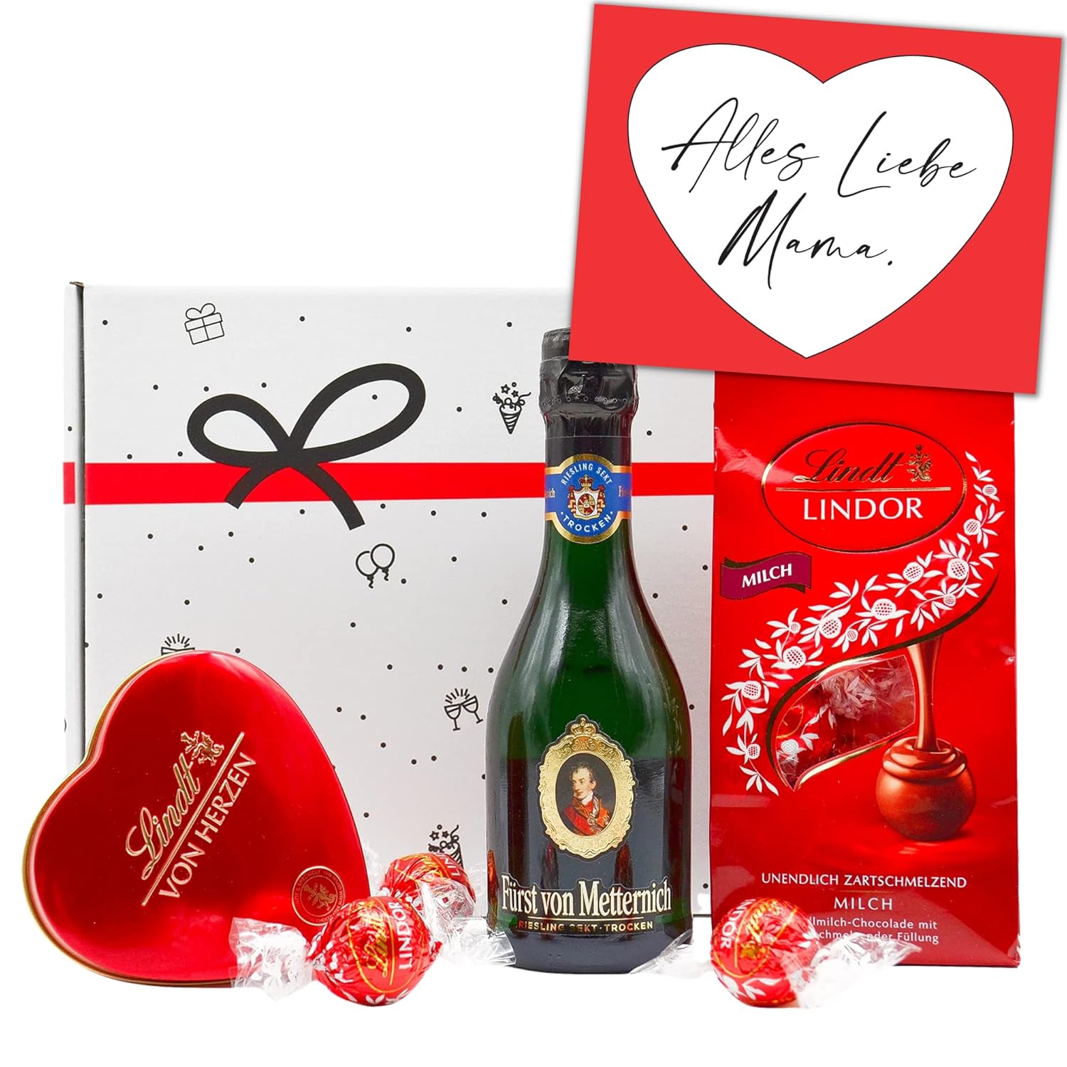 Geschenkset zum Muttertag | Geschenk Box mit Lindt Pralinen, Schokolade, Sekt & Grußkarte